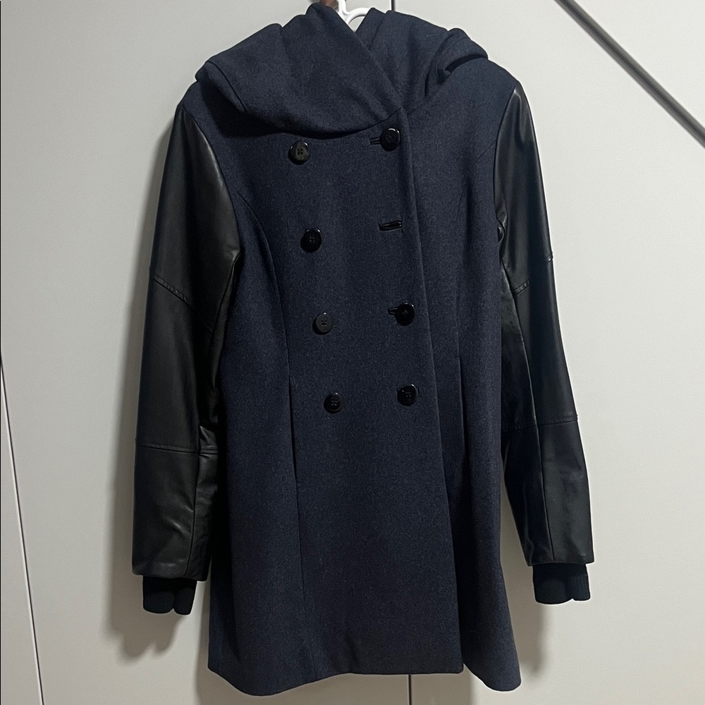 Coat with Faux Leather Sleeves - Navy